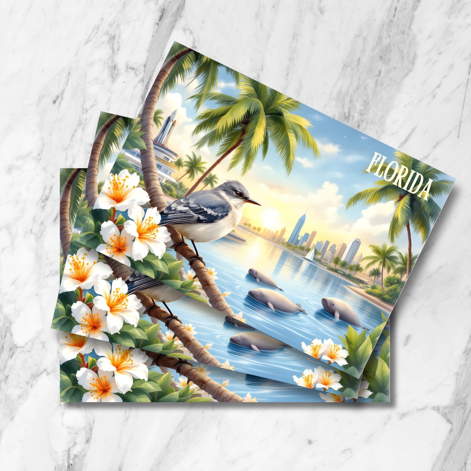 Stacked preview of Miami waterfront postcards featuring swimming manatees, palm trees, city skyline at sunset, mockingbird, and orange blossoms in vintage watercolor style