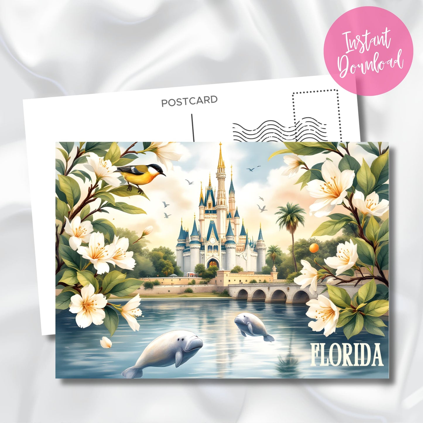 Digital download preview of Florida fantasy scene with enchanted castle, gentle manatees, orange blossoms, and golden songbird set against tropical sunset with instant download badge