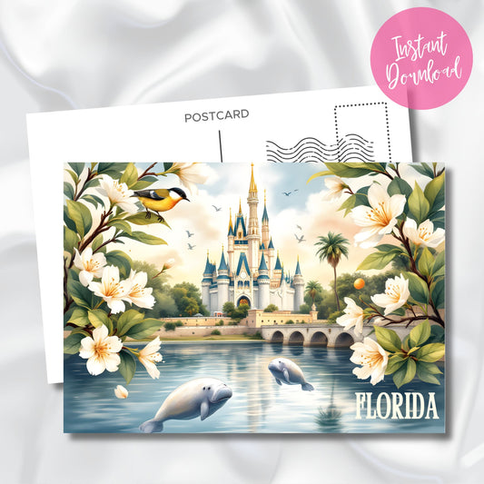 Digital download preview of Florida fantasy scene with enchanted castle, gentle manatees, orange blossoms, and golden songbird set against tropical sunset with instant download badge