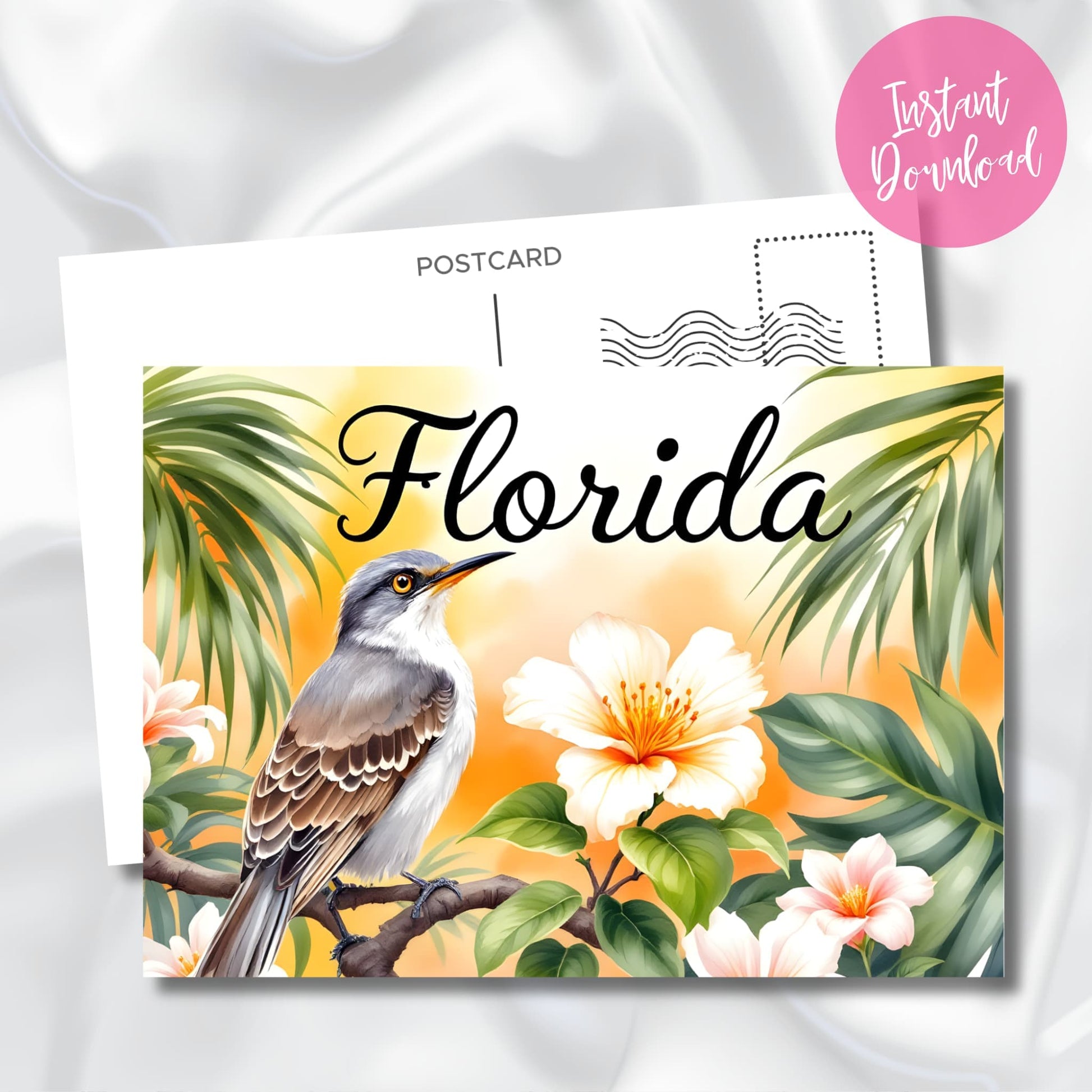 Digital download preview of Florida's state mockingbird with golden eyes, surrounded by tropical hibiscus flowers and palm fronds in warm sunset tones with instant download badge