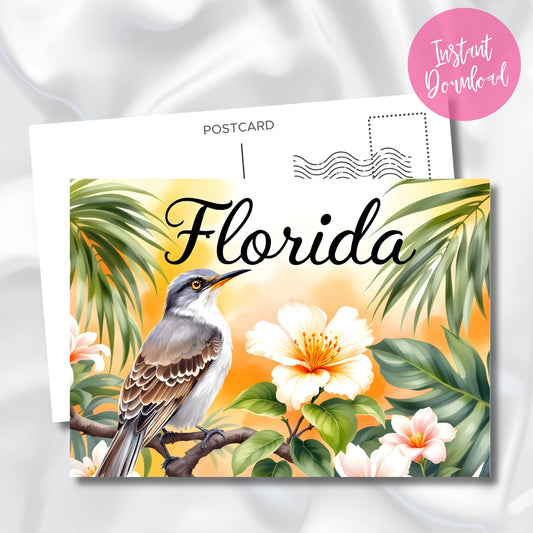 Digital download preview of Florida's state mockingbird with golden eyes, surrounded by tropical hibiscus flowers and palm fronds in warm sunset tones with instant download badge