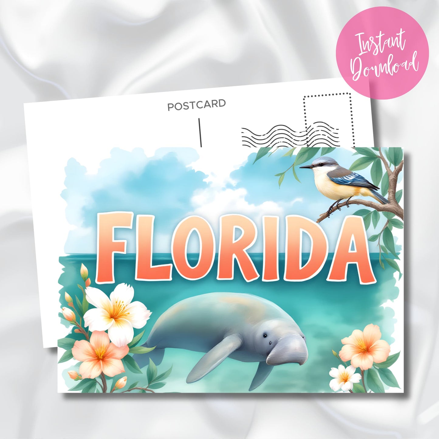 Digital download preview of Florida paradise scene with friendly manatee, coral-tinted hibiscus flowers, and native blue jay in serene turquoise waters with instant download badge