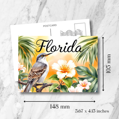 Florida mockingbird postcard size specifications (148x105mm) featuring state bird perched among hibiscus blooms and palm leaves with vintage postmark template overlay