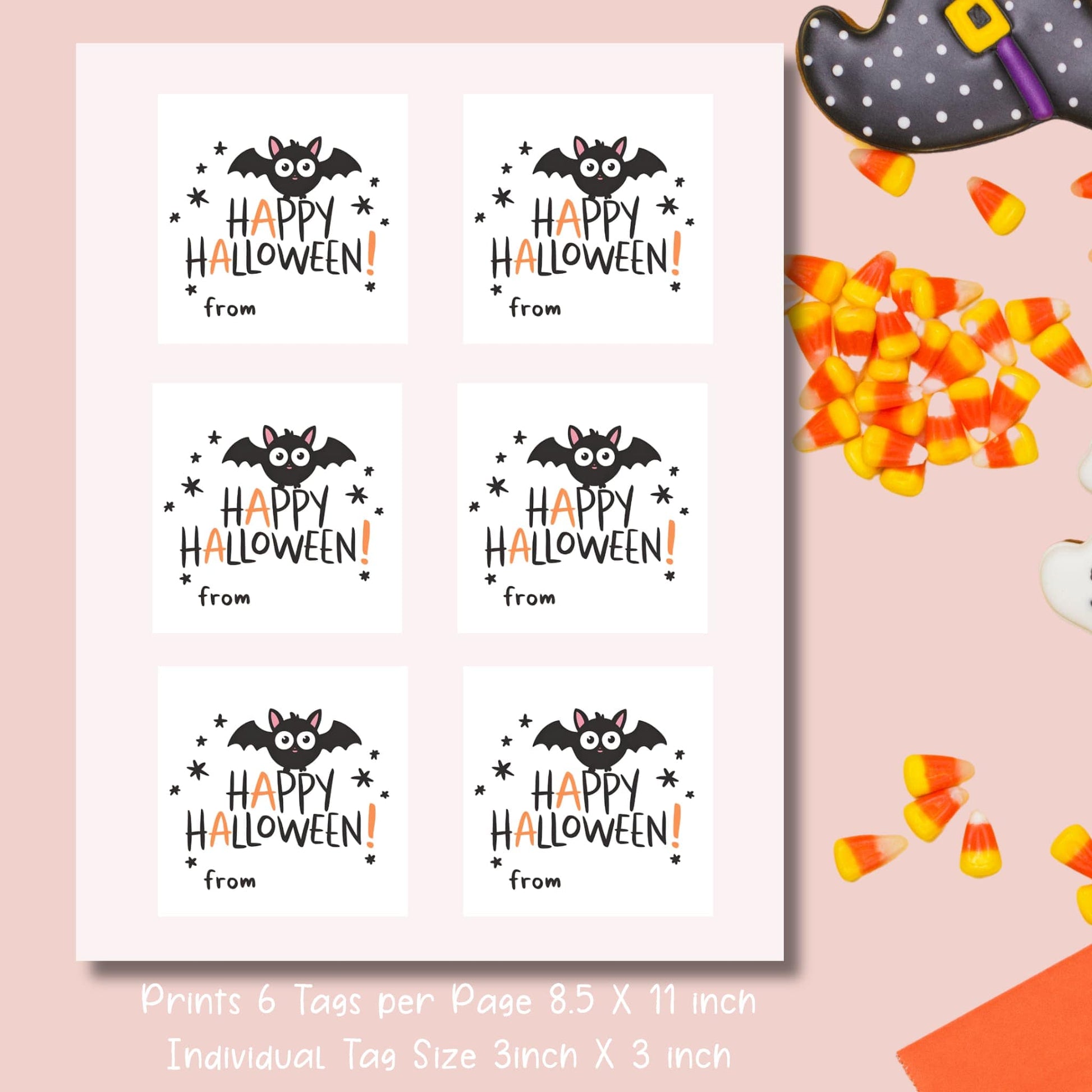 Printable sheet of Halloween goodie bag labels, 6 tags per 8.5x11 inch page, featuring cute bat and "Happy Halloween" message for trick-or-treat bags