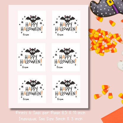 Printable sheet of Halloween goodie bag labels, 6 tags per 8.5x11 inch page, featuring cute bat and "Happy Halloween" message for trick-or-treat bags