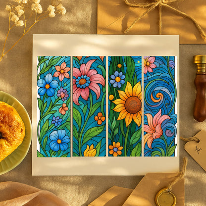 Four colorful stained glass floral bookmarks featuring sunflowers, daisies and swirls on vintage paper
