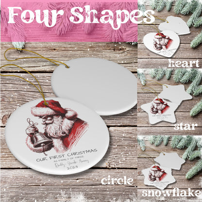 All four shapes of the Family of Three Christmas Ornaments - circle, star, heart, and snowflake - elegantly displayed on a table.