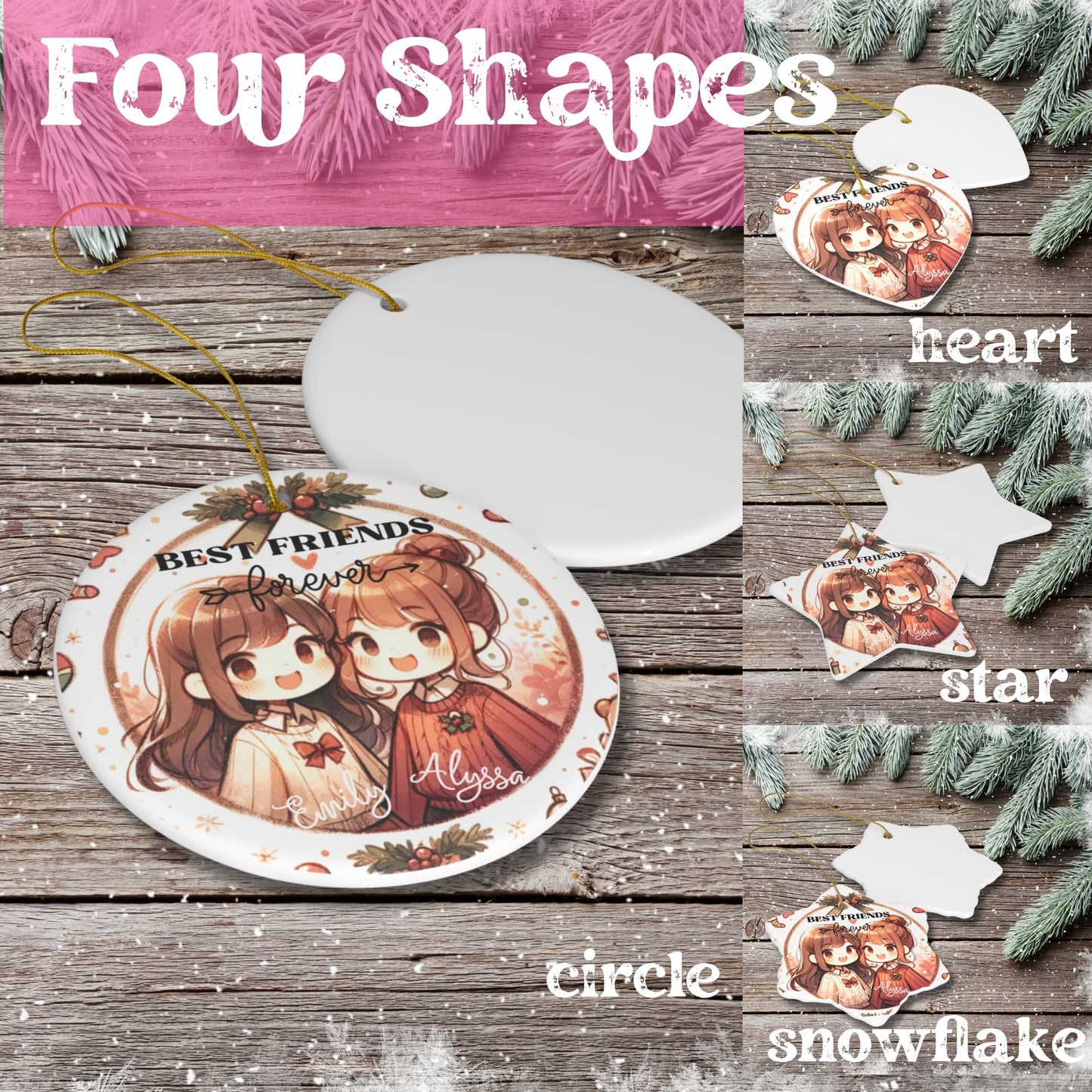 The four shapes of Best Friends Christmas Ornaments - circle, star, heart, and snowflake - elegantly displayed on a table.