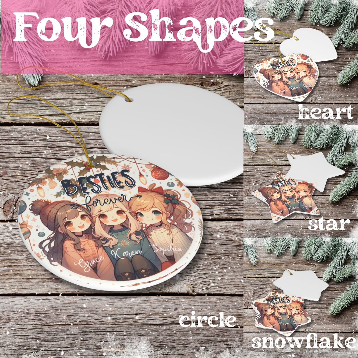 All four shapes of Besties Forever Christmas ornaments - circle, star, heart, and snowflake - elegantly arranged on a table.