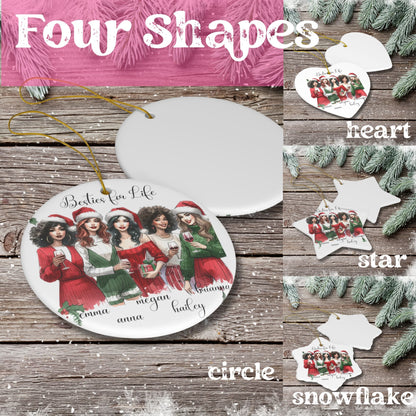 The complete set of Besties for Life Ornaments in circle, star, heart, and snowflake shapes, artistically laid out on a table.