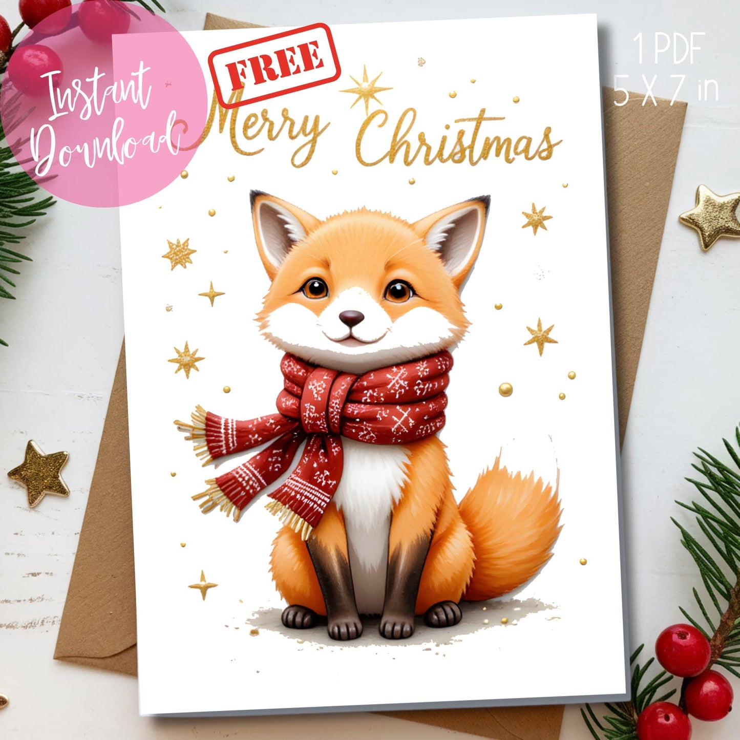 Free printable whimsical fox Christmas card with detailed watercolor illustration, red snowflake pattern scarf, golden stars and calligraphy text, shown with kraft envelope and festive greenery