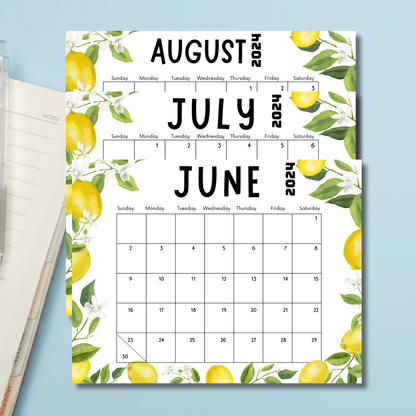 june, July and august 2024 printed calendar sheets on blue background