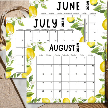 2024 printable monthly calendar sheets on sand background