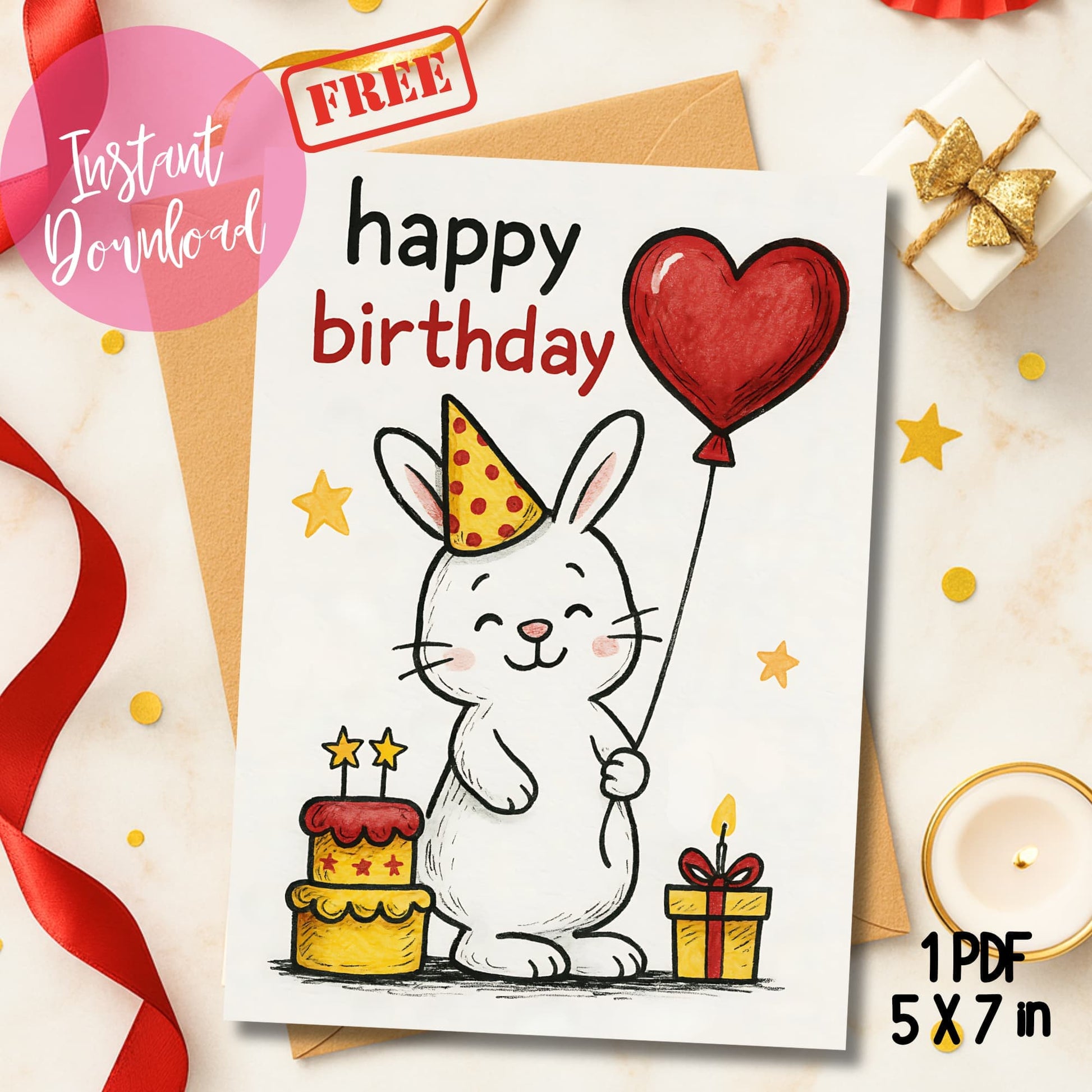 Free cute rabbit birthday card printable with heart balloon displayed with wrapped gifts and candle