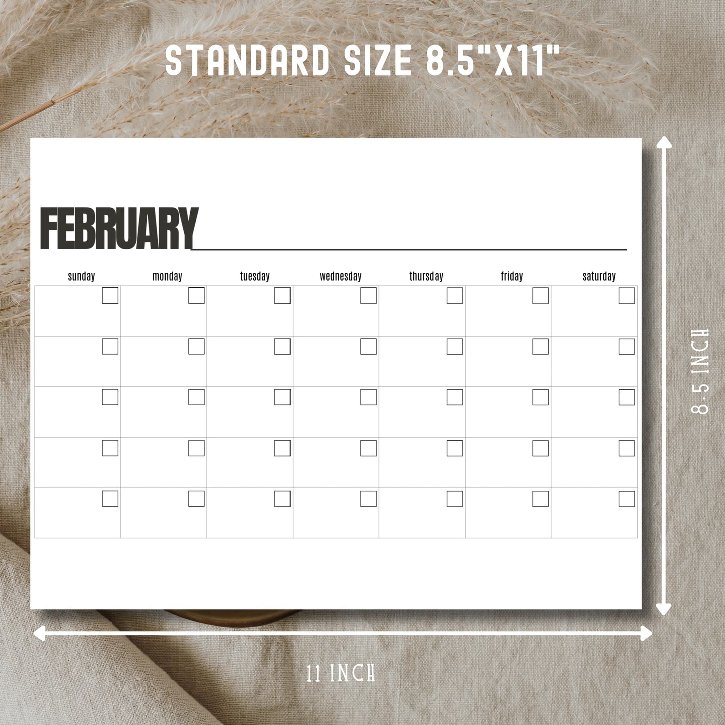 Free February calendar template showing standard 8.5x11 inch dimensions for goal setting and planning