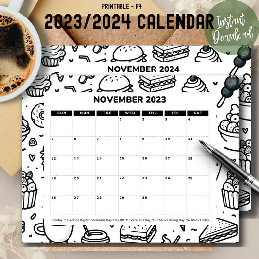 Free November 2023 & 2024 Printable Calendar with Holiday -  11 x 8.5-inch A4, PDF | One-Page Monthly Layoul  | Food themed Ideal for Classroom, Home, Office | Instant Download