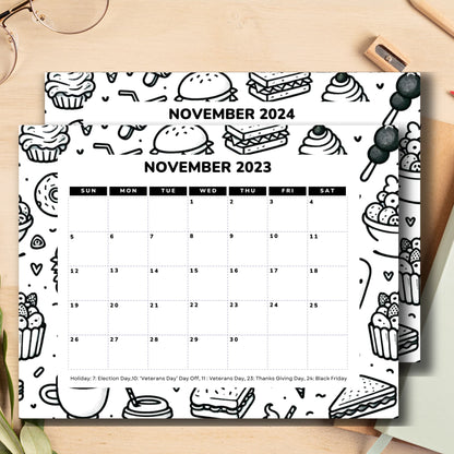 Free November 2023 & 2024 Printable Calendar with Holiday -  11 x 8.5-inch A4, PDF | One-Page Monthly Layoul  | Food themed Ideal for Classroom, Home, Office | Instant Download