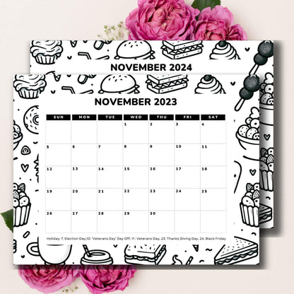 Free November 2023 & 2024 Printable Calendar with Holiday -  11 x 8.5-inch A4, PDF | One-Page Monthly Layoul  | Food themed Ideal for Classroom, Home, Office | Instant Download