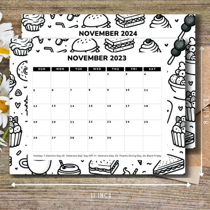 Free November 2023 & 2024 Printable Calendar with Holiday -  11 x 8.5-inch A4, PDF | One-Page Monthly Layoul  | Food themed Ideal for Classroom, Home, Office | Instant Download