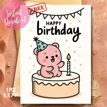 Free pink teddy cake topper card printable with bunting banner on sparkly gold background