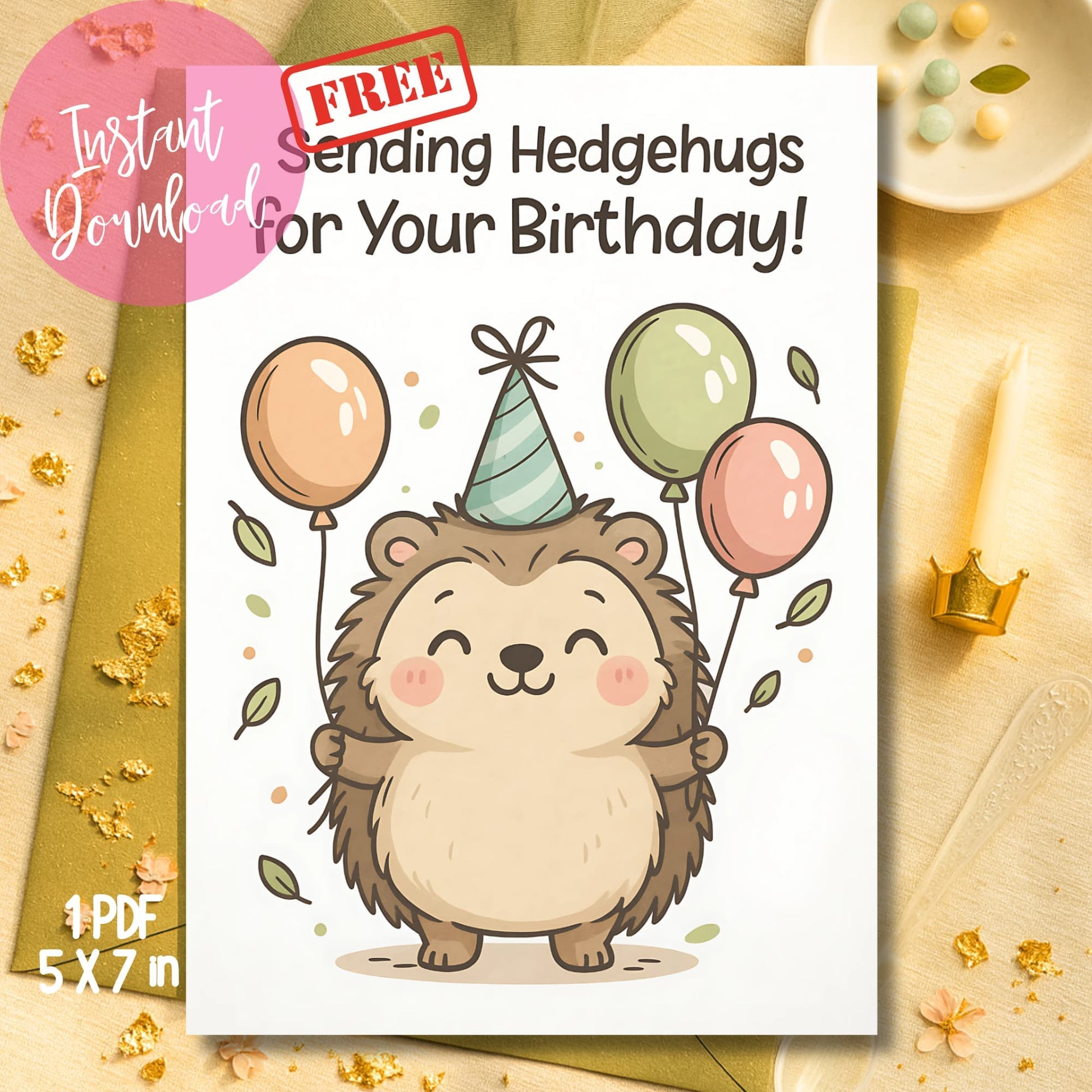 Free printable hedgehog birthday card digital download with woodland animal on gold confetti background