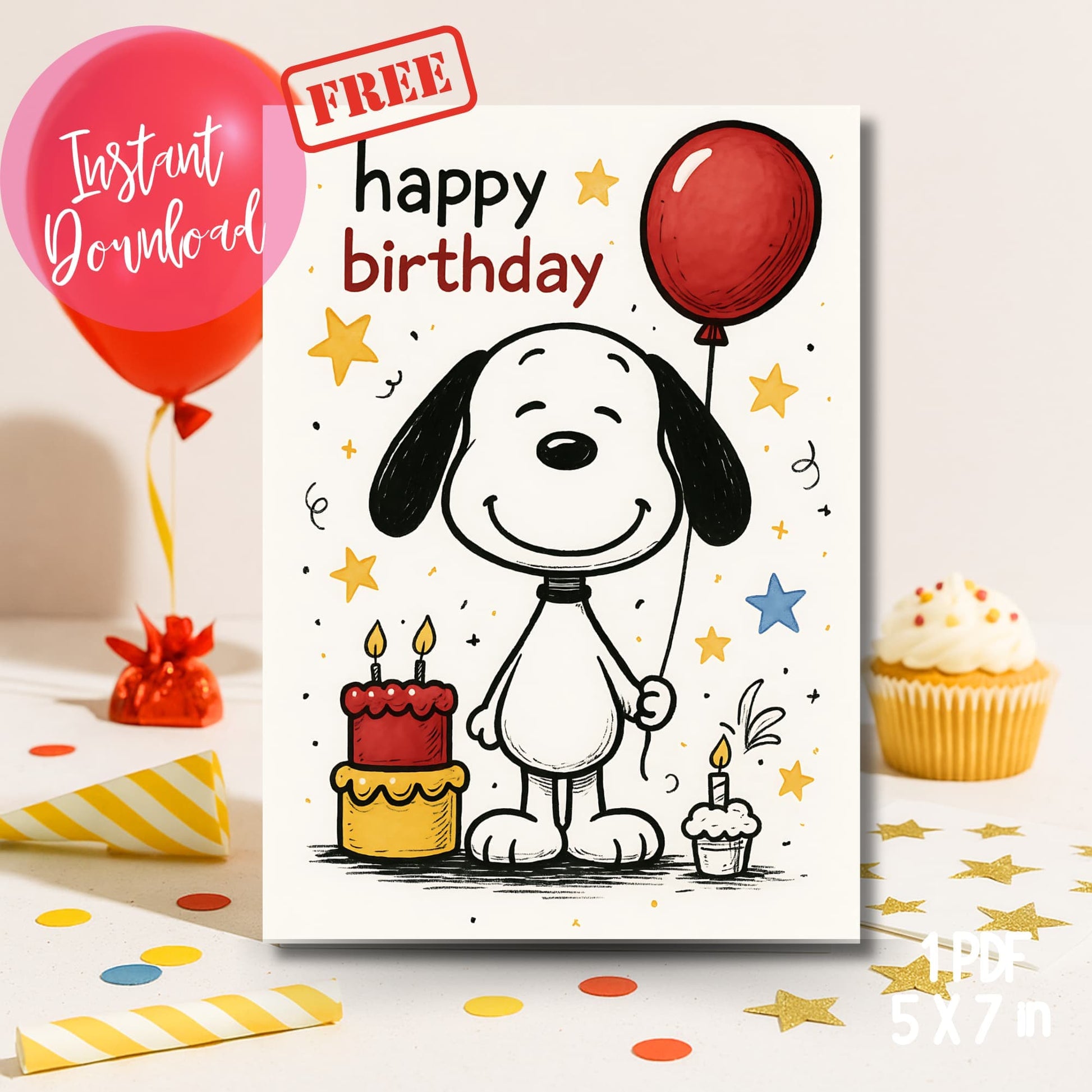 Free puppy birthday card printable with balloon and cake displayed with party supplies and confetti.