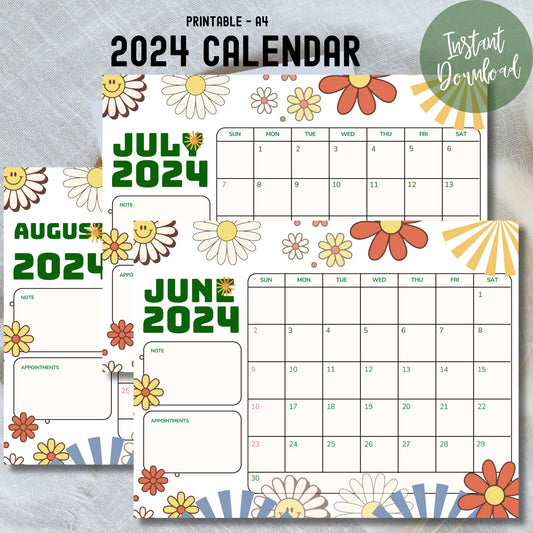Calendario mensual imprimible retro de junio, julio y agosto de 2024