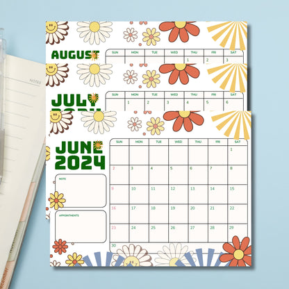 retro printed calendar pdfs of the month of june jiuly and august 2024 on a blue background