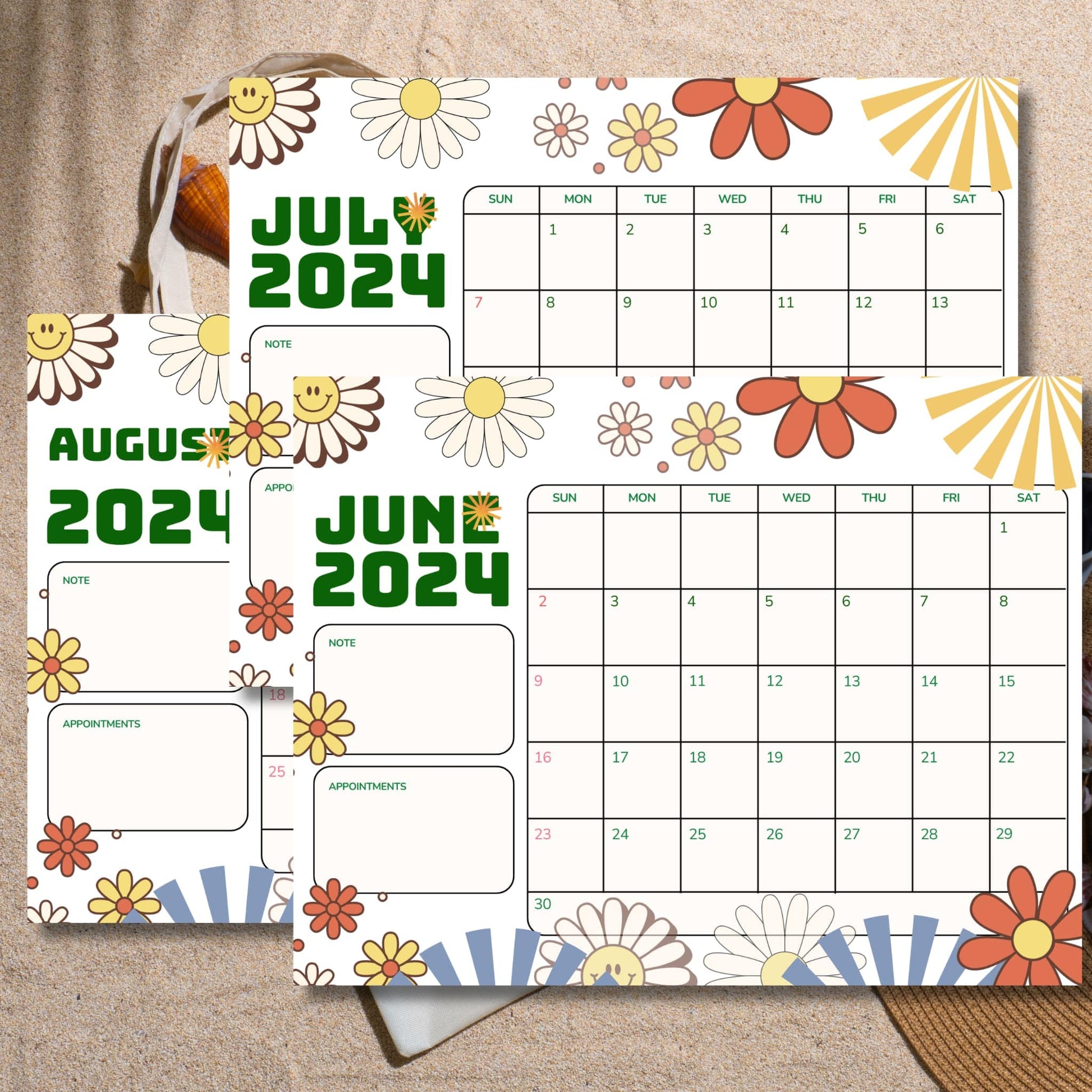 printed june july august 2024 calendar placed on a sand background in retro theme