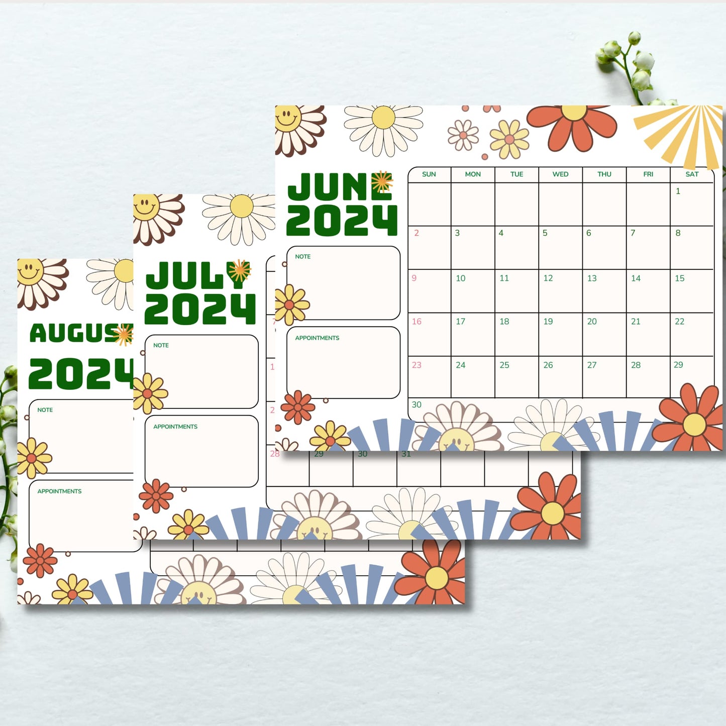 printed monthly calendar sheets for june july august 2024 in retro theme on blue background