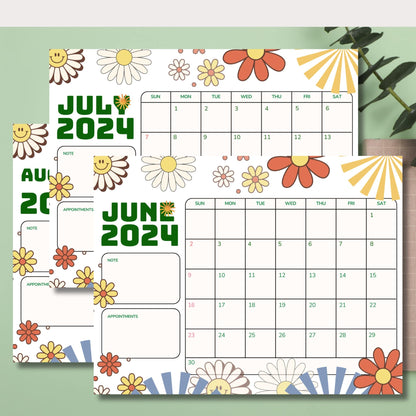 retro theme june july august 2024 monthly calendar pdfs with green background