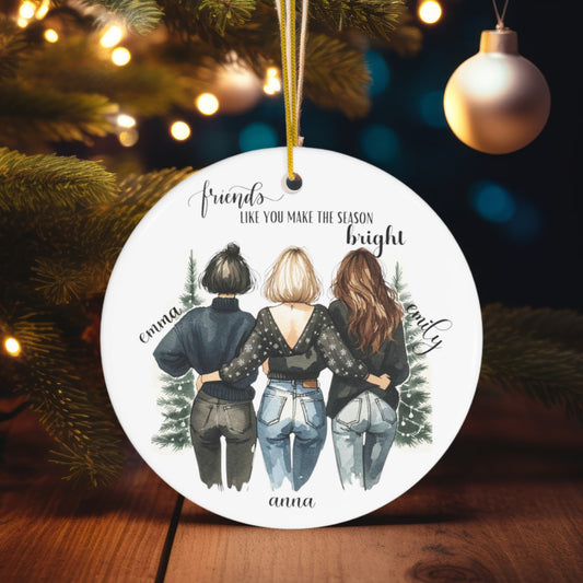 Close-up view of a personalized Friend Christmas Ornament hanging on a festive tree, showcasing intricate details and personalization.