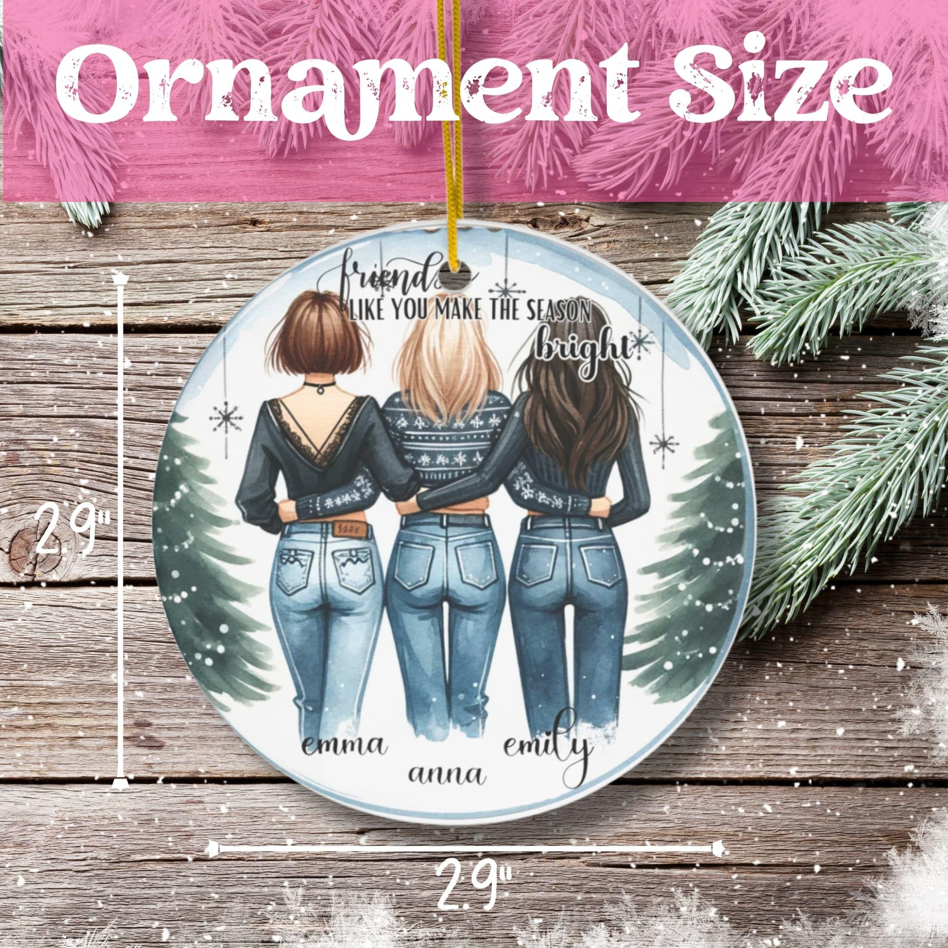 A comprehensive size guide for Custom Christmas Ornaments for Friends, displayed on a wooden table for easy comparison.