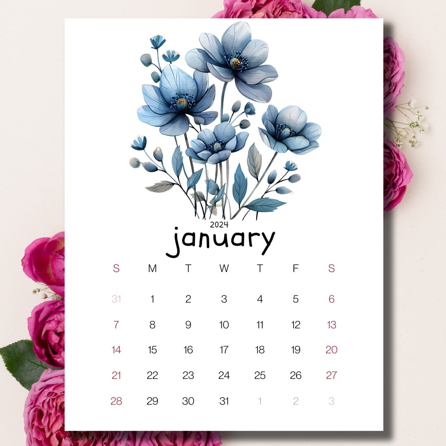 Frosty Flora January 2024 planner on a beige background with pink peonies behind.