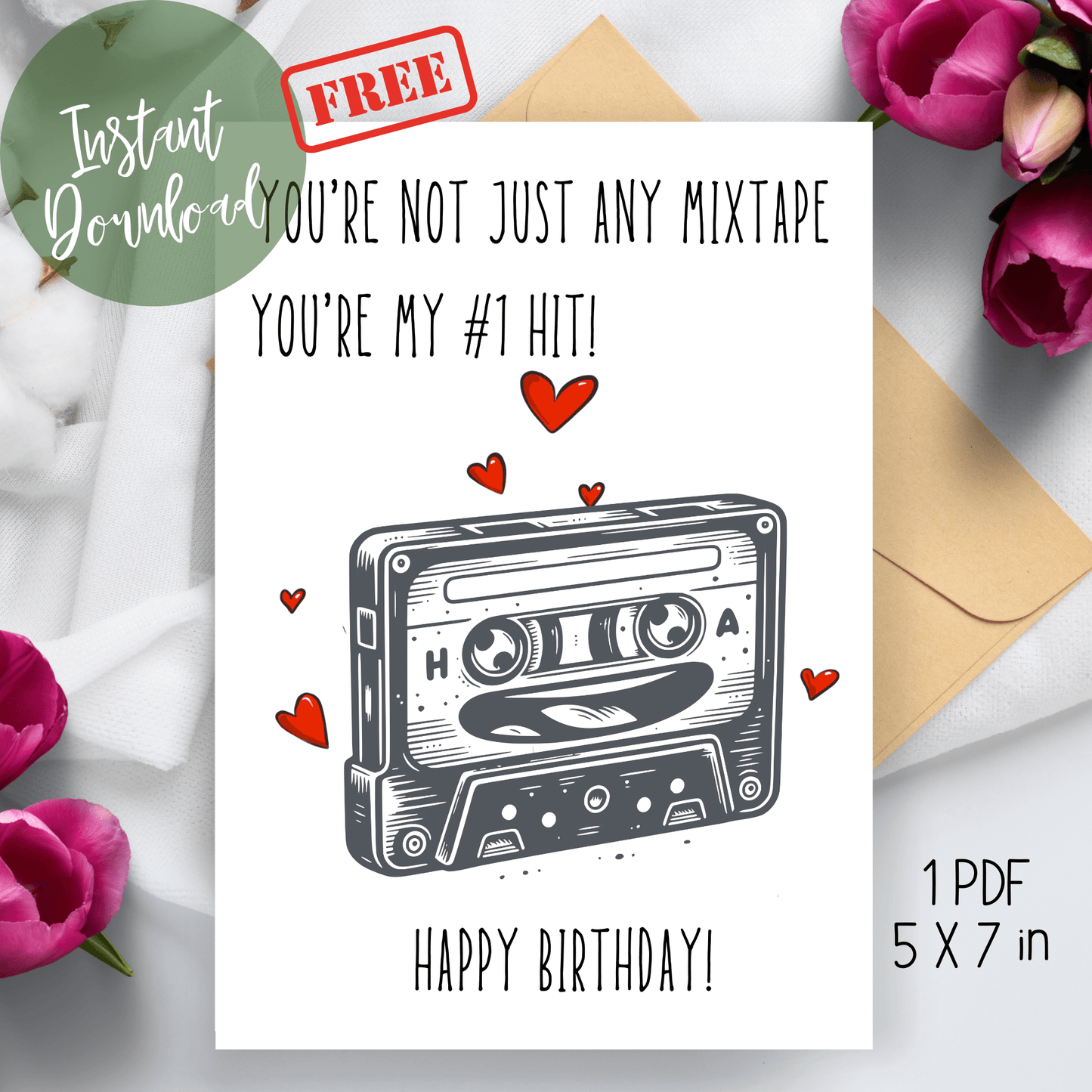 Funny Classic Mixtape Printable Birthday Card Front mockup  with envelope and flowers o the sided
