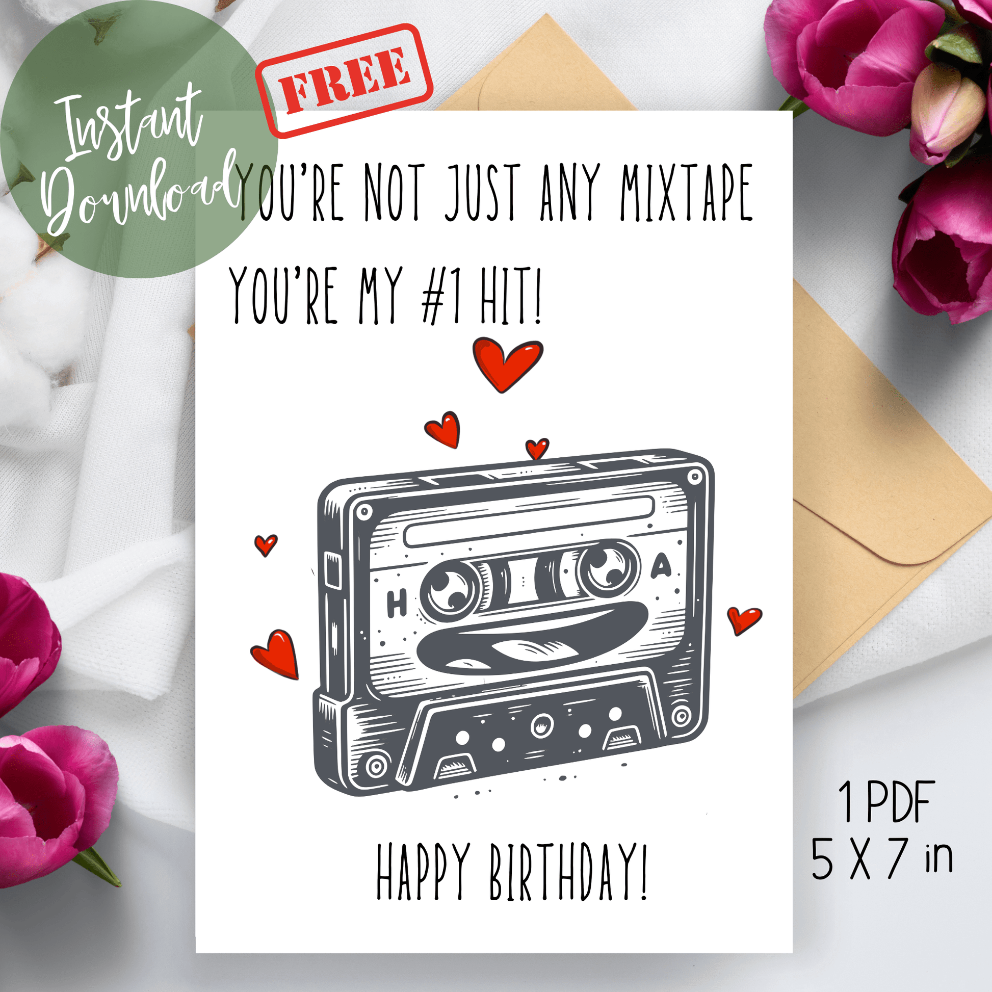 Funny Classic Mixtape Printable Birthday Card Front mockup  with envelope and flowers o the sided