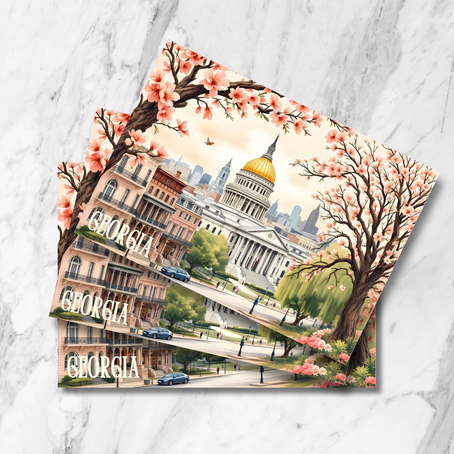 Stacked preview of Georgia State Capitol postcards featuring gold dome, historic row houses, cherry blossoms, and Atlanta skyline in vintage watercolor style