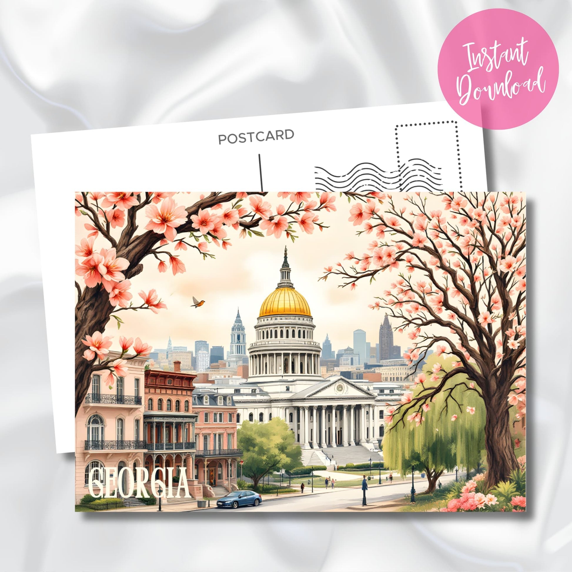 Digital download preview of Georgia State Capitol with golden dome, Victorian row houses, blooming cherry trees, and weeping willows framing Atlanta's historic district