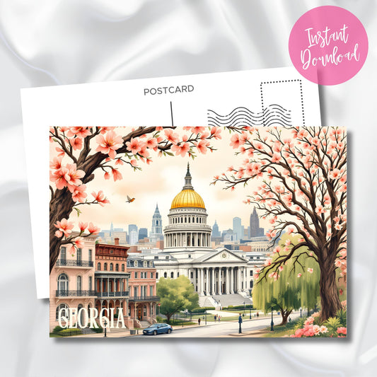 Digital download preview of Georgia State Capitol with golden dome, Victorian row houses, blooming cherry trees, and weeping willows framing Atlanta's historic district