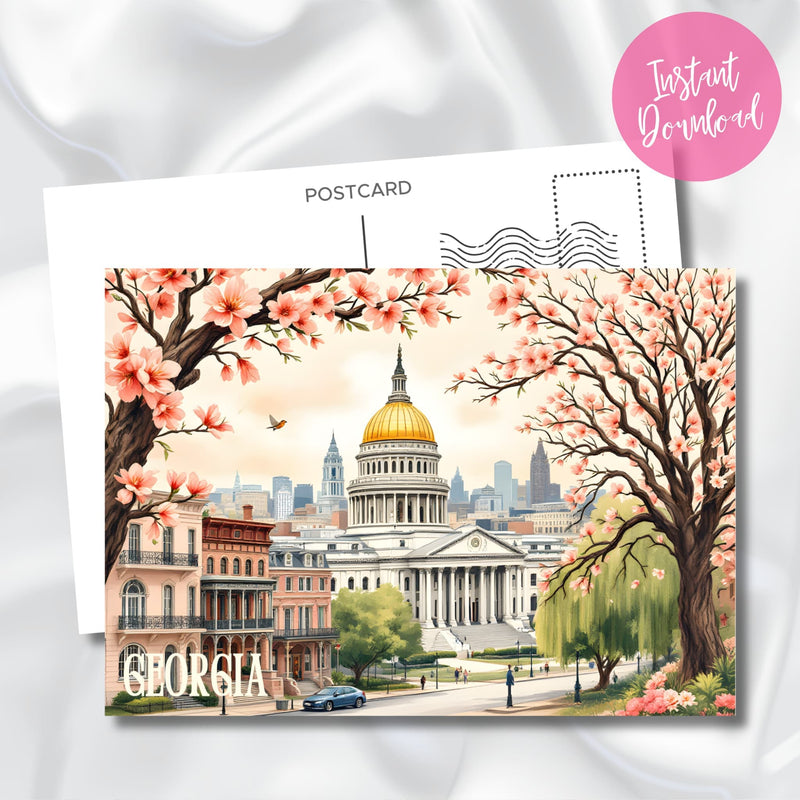 Georgia Capitol Building Art postcard with cherry blossoms