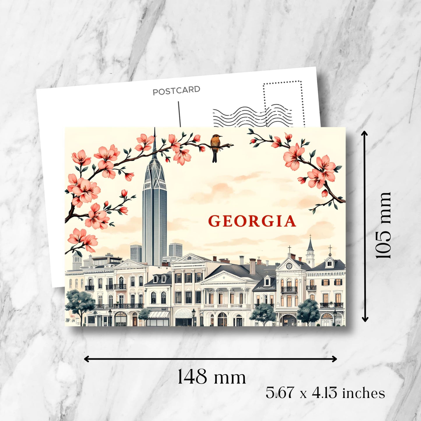 Downtown Atlanta postcard size guide (148x105mm) showing iconic Bank of America Plaza, antique row houses, spring cherry blossoms, and detailed architectural elements