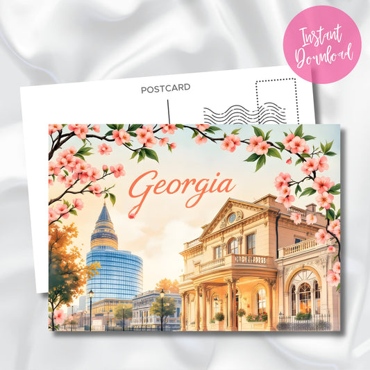 Georgia Spring Cityscape postcard with cherry blossoms