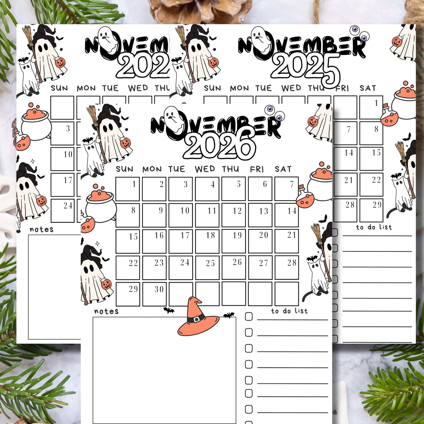 Printable November calendars for 2024-2026 featuring cute witch ghosts with pumpkins, cauldrons, and bats. Includes notes section and to-do list. Black and white Halloween theme with orange accents on white background, surrounded by pine branches.