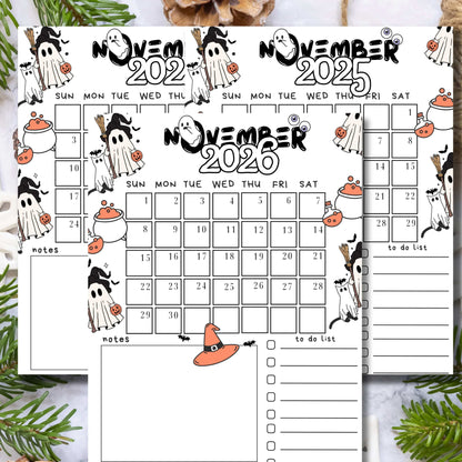 Printable November calendars for 2024-2026 featuring cute witch ghosts with pumpkins, cauldrons, and bats. Includes notes section and to-do list. Black and white Halloween theme with orange accents on white background, surrounded by pine branches.