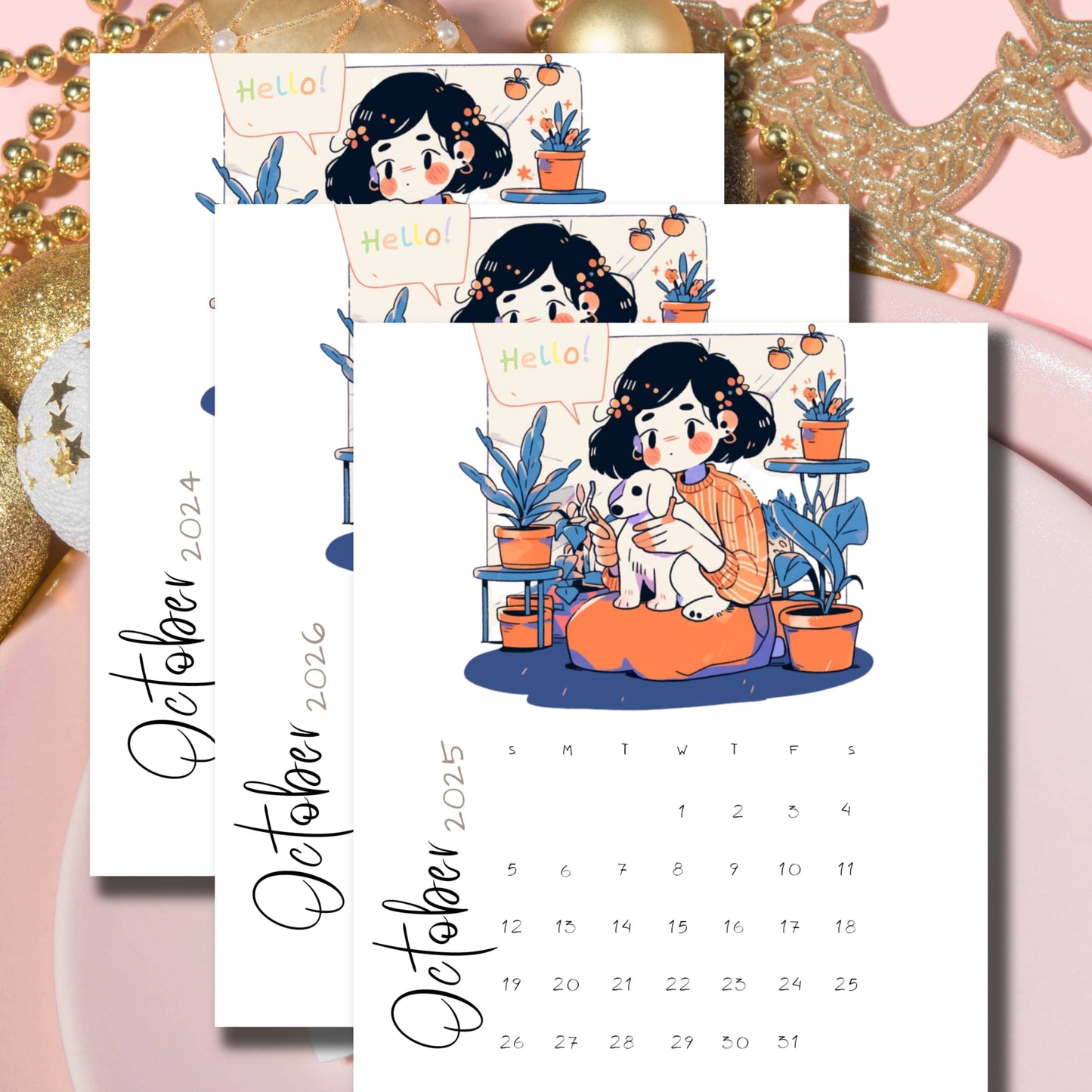 Flatlay of October 2024-2026 calendars with watercolor illustration of a girl hugging a puppy, arranged on a festive background with golden decorations, showcasing the free printable design for school use.