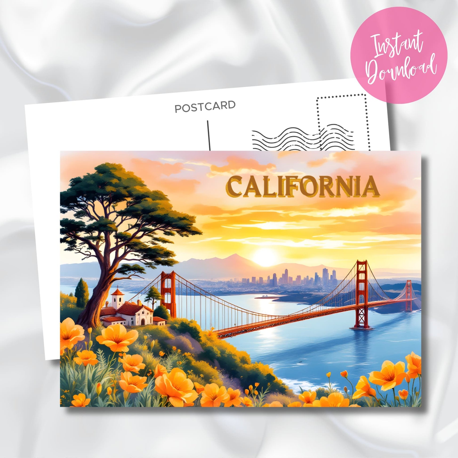 Digital San Francisco postcard with Golden Gate Bridge, mission buildings, and city skyline in golden sunset light, framed by California poppies and cypress tree, with instant download badge on silk background