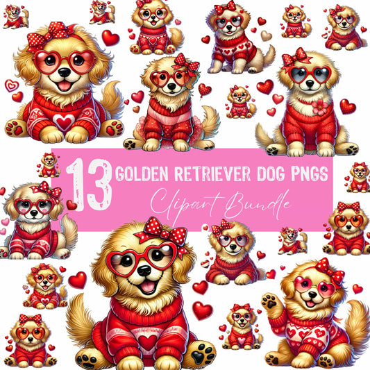 Collection of 13 Golden Retriever Valentine's Day illustrations featuring puppies in heart-patterned sweaters, glasses, and bows, perfect for crafting projects