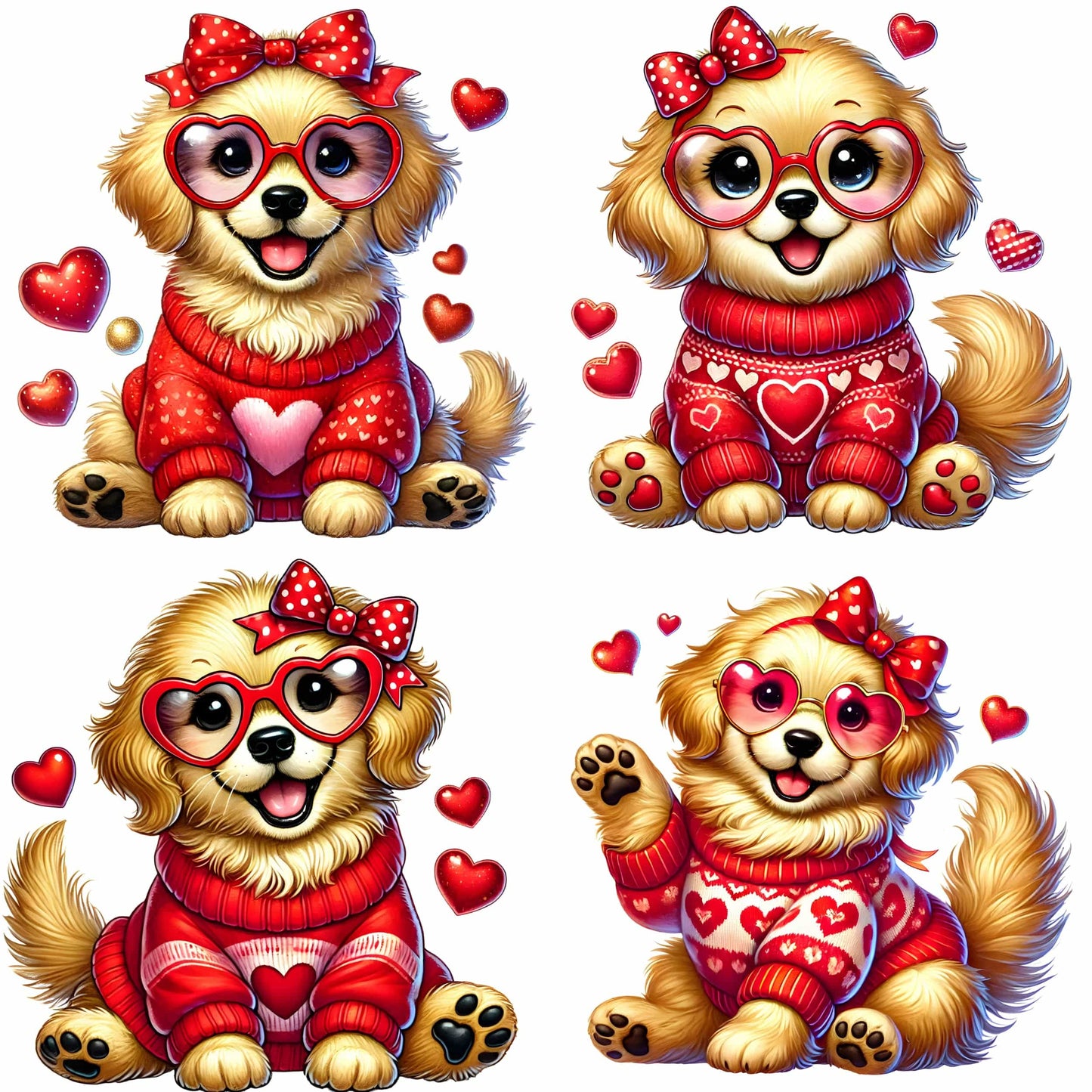 Four adorable Golden Retriever puppies wearing Valentine-themed sweaters, heart-shaped glasses, and polka dot bows, each with unique heart pattern designs