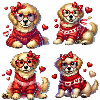 Four Golden Retriever illustrations wearing romantic Valentine's sweaters, red polka dot bows, and heart-shaped glasses with decorative hearts