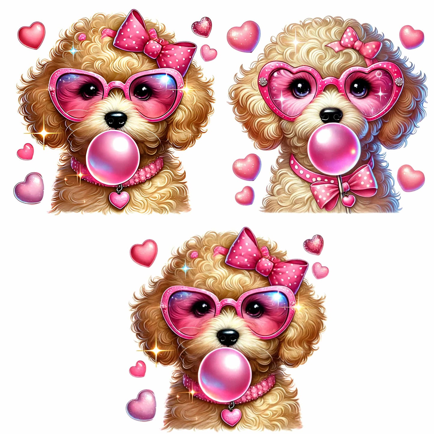 Three cute Goldendoodle portraits with pink bubble gum, heart-shaped glasses, polka dot bows, and sparkling details, surrounded by floating hearts